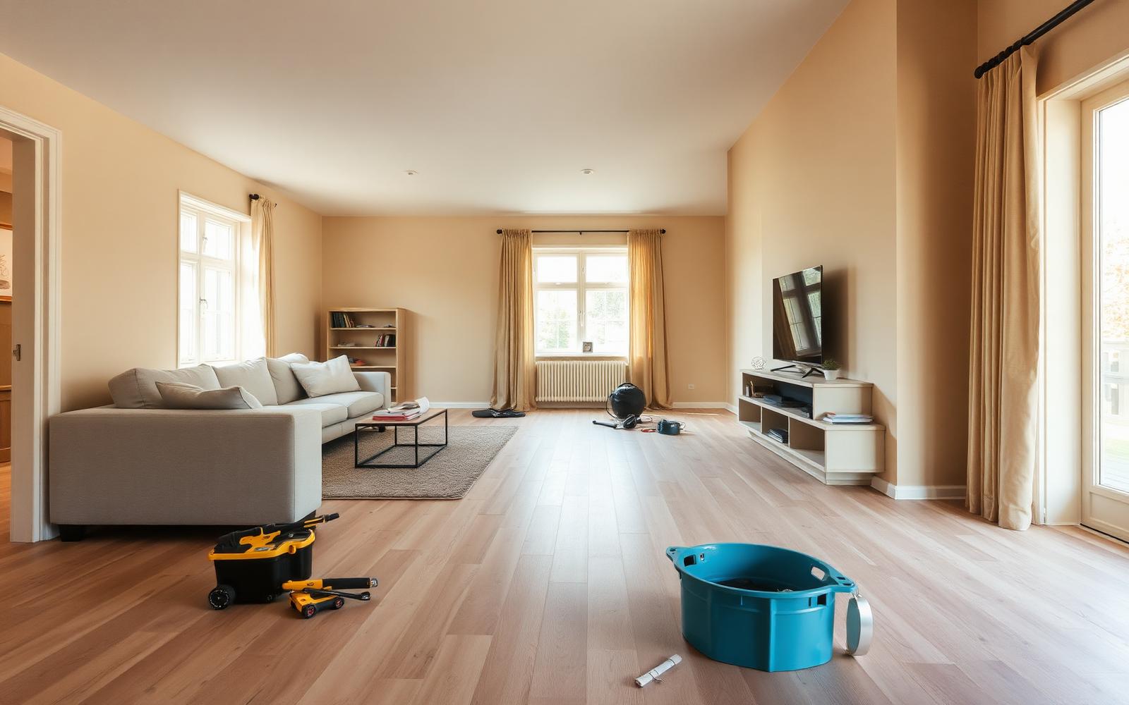Woonkamer in renovatie met nieuw gelegde houten vloer